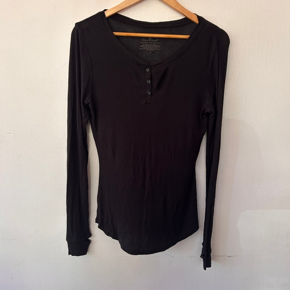 Cuddl Duds Henley Top Womens Small Black Ribbed Long Sleeve Thumbhole Softwear